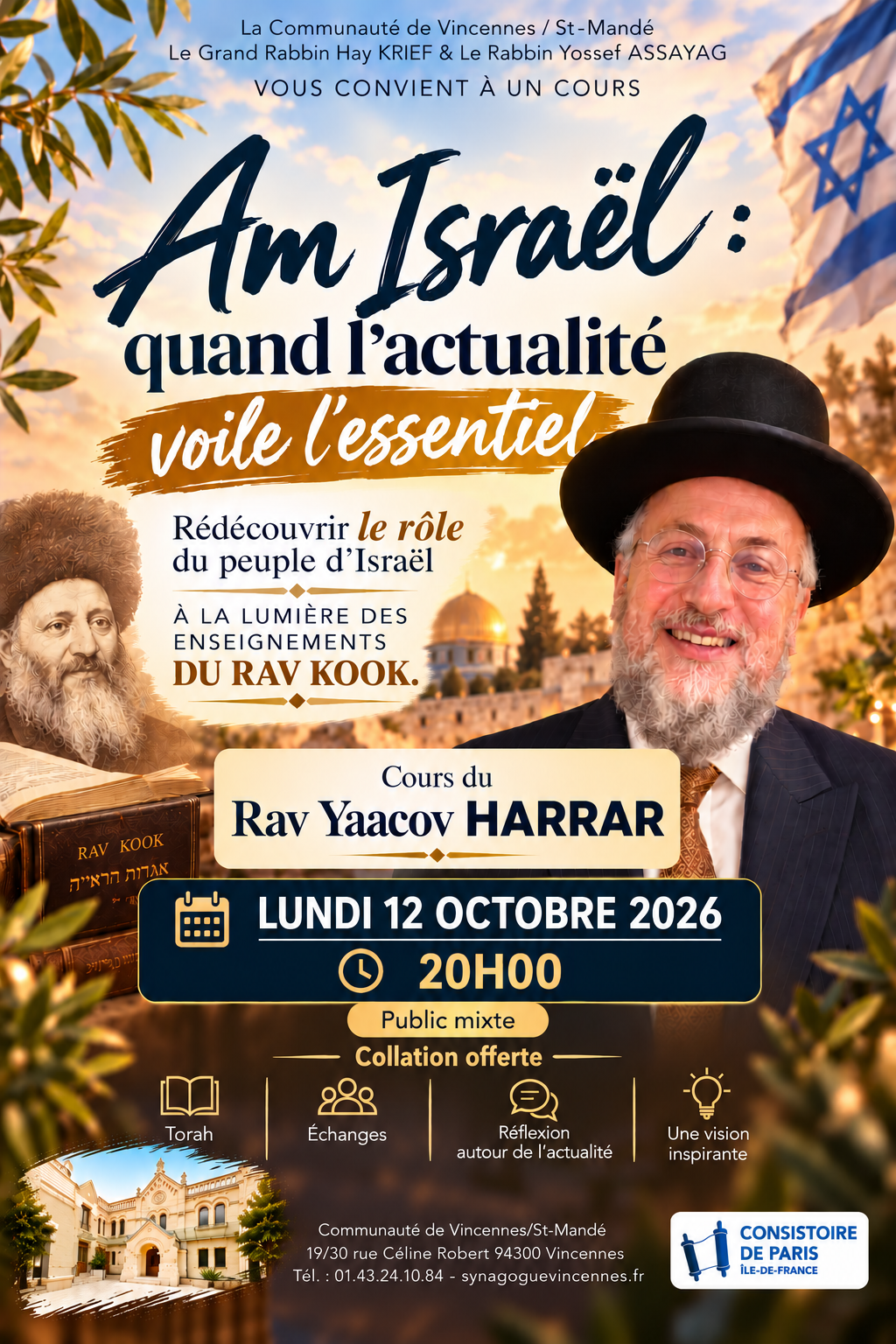 ACIP Vincennes/St-Mandé : Cours du Rav YAACOV HARRAR - Lundi 12 Octobre 2026 à 20h00